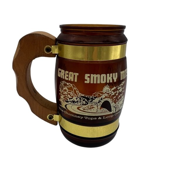 Vintage Siesta Ware Great Smoky Mountains Amber Barrel Mug With Wood Handle 5" - Picture 1 of 6